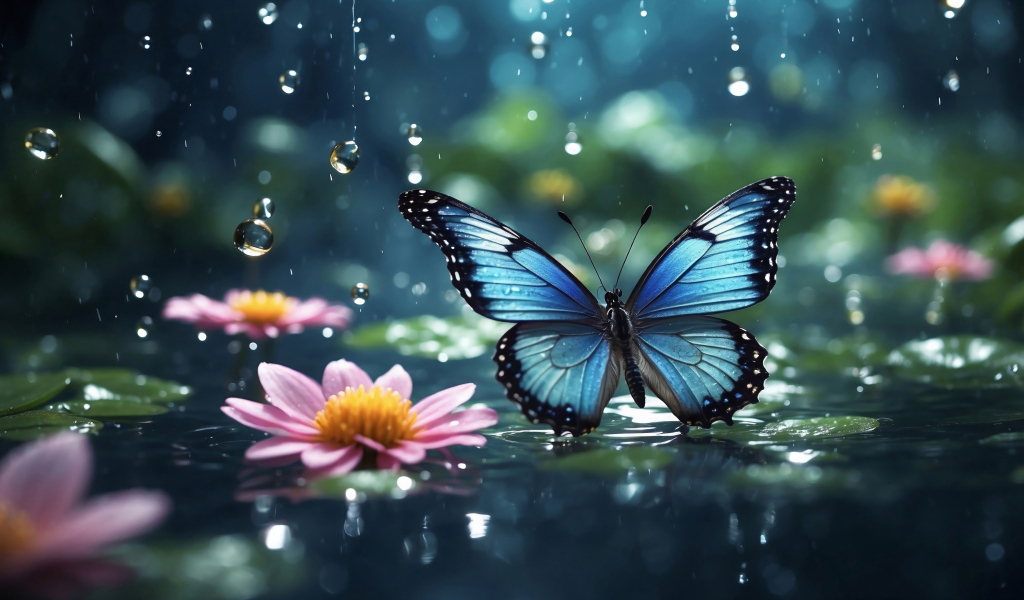 Голубая бабочка под дождем у розовых цветов