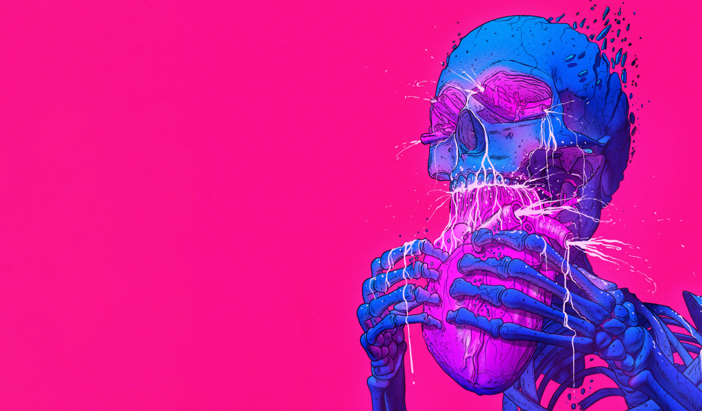 Синий скелет ест сердце на розовом фоне