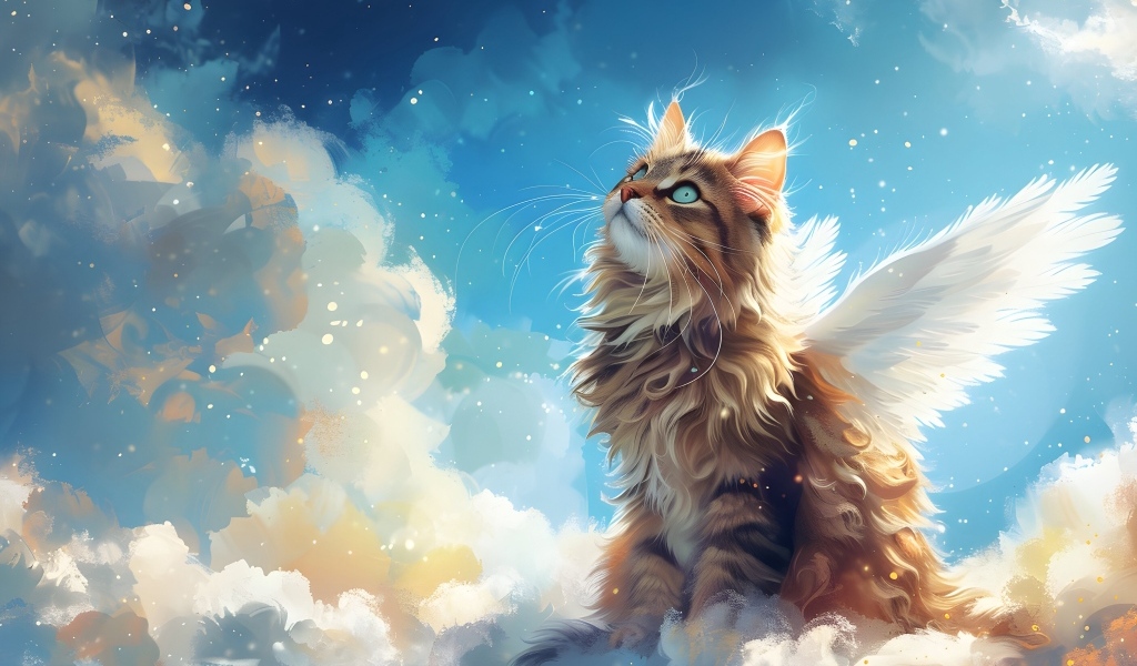 Кот - ангел с белыми крыльями сидит на облаке и смотрит вверх