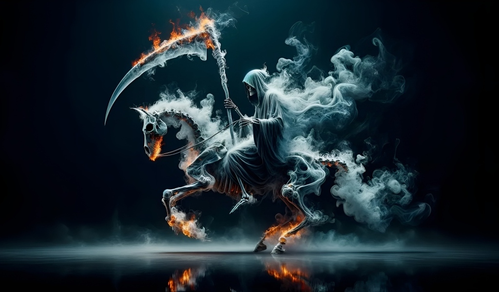 Смерть с косой скачет на скелете лошади в огне и дыму