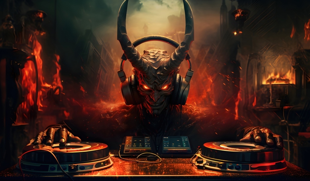 Демон диджей среди огня с большими наушниками