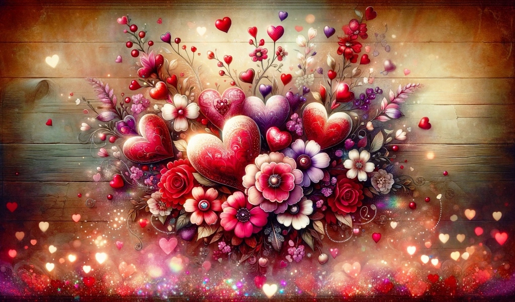 Нарисованные фантастические цветы с сердечками