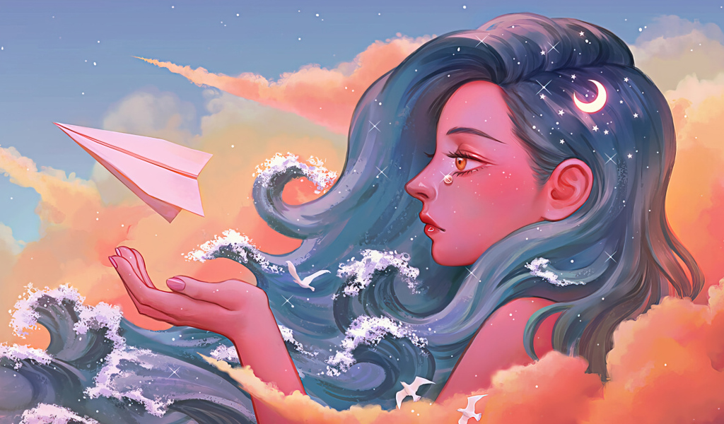 Фантастическая длинноволосая девушка с бумажным корабликом