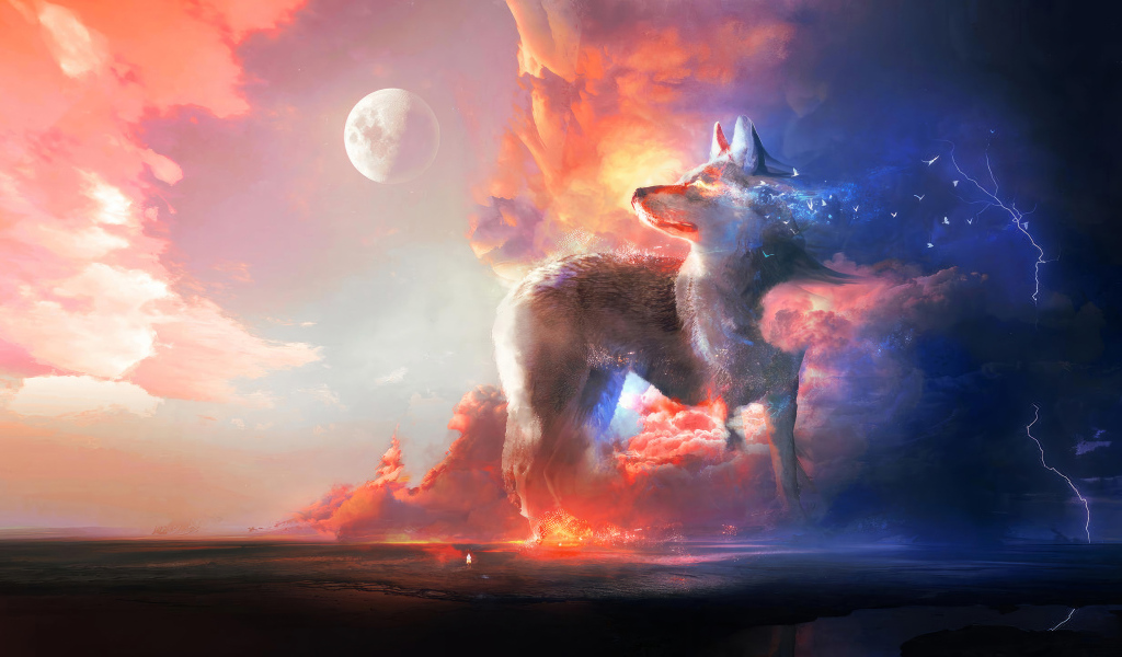 Фантастический неоновый волк на фоне луны
