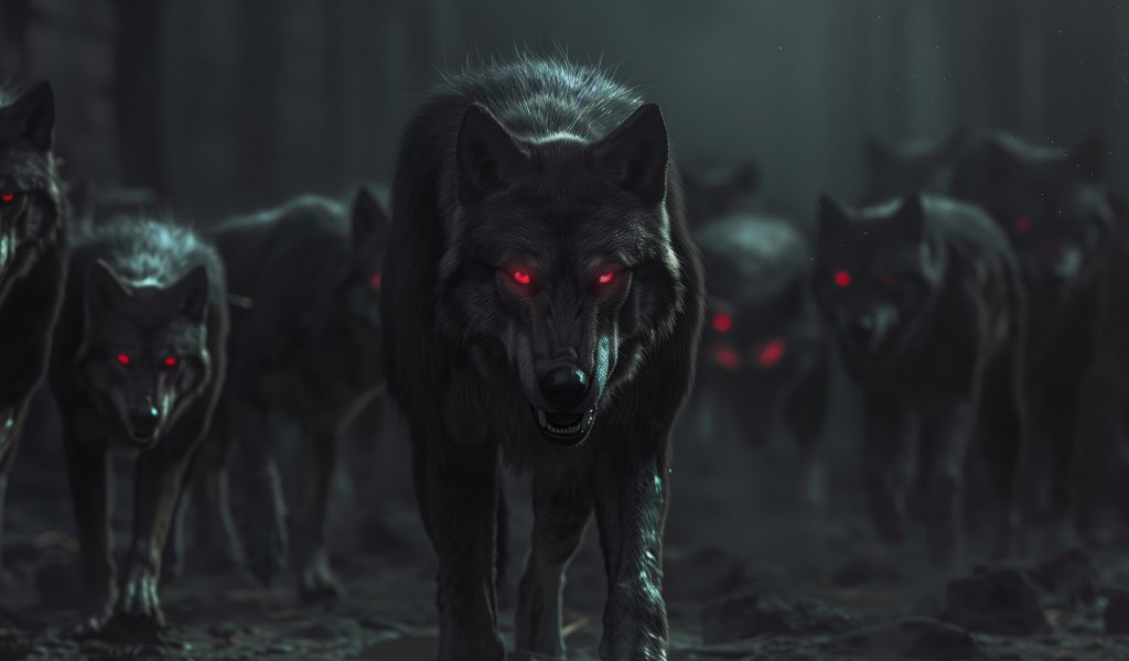Фантастические волки с красными глазами