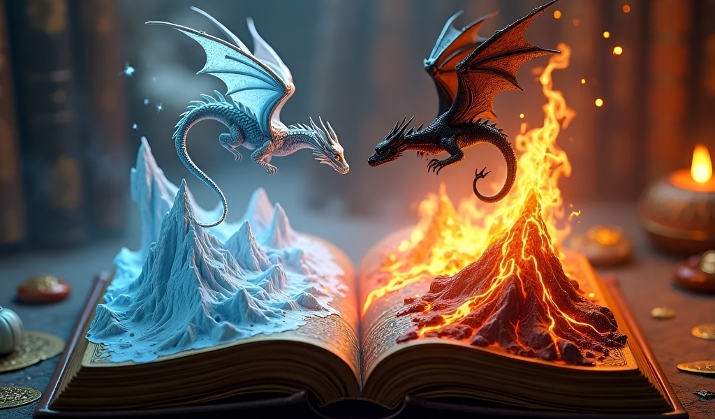 Огненный и снежный драконы парят над книгой