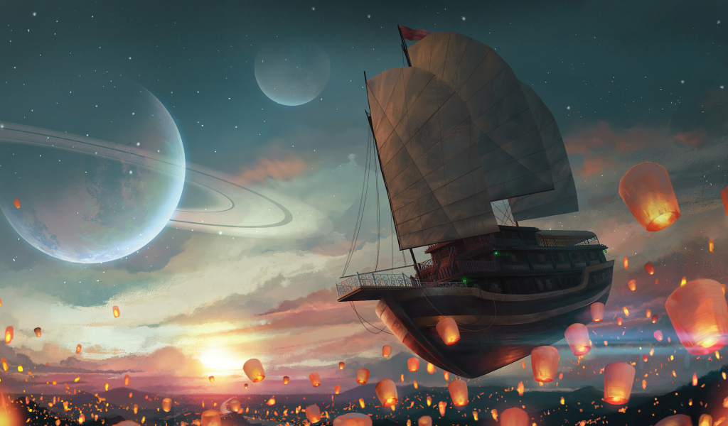 Летающий корабль в небе с китайскими фонариками