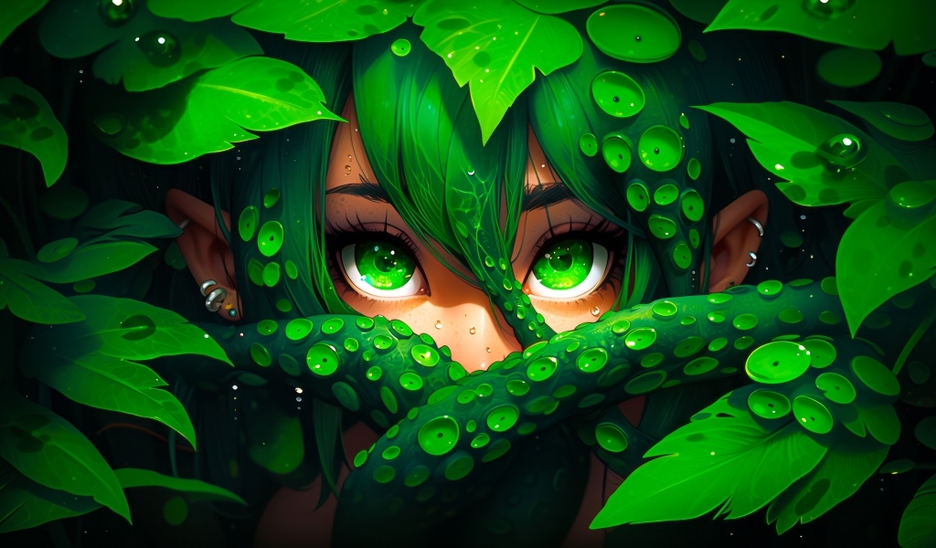 Лесная фея с зелеными глазами в зарослях
