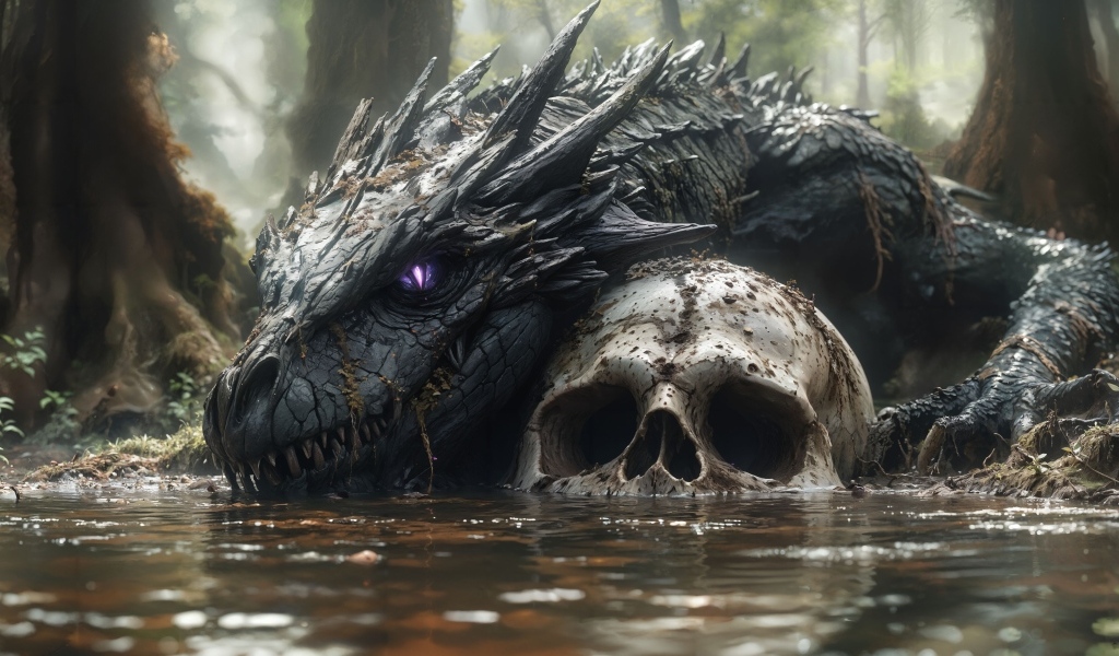 Лесной водяной монстр лежит в пруду на черепе