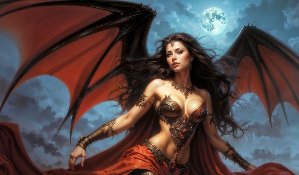 Девушка с крыльями на фоне неба с луной