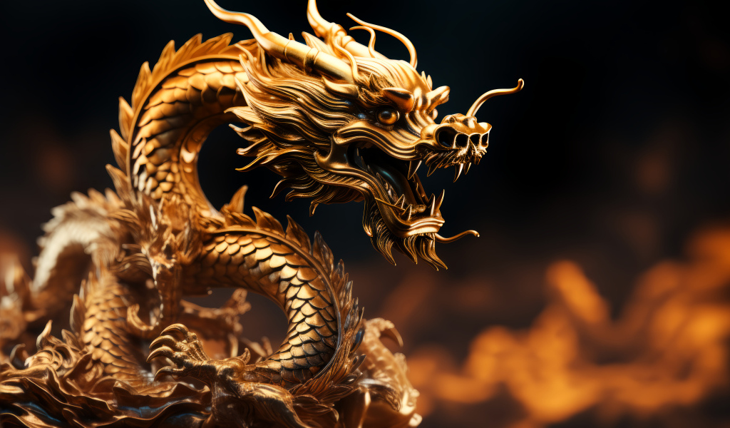 Золотой дракон на темном фоне