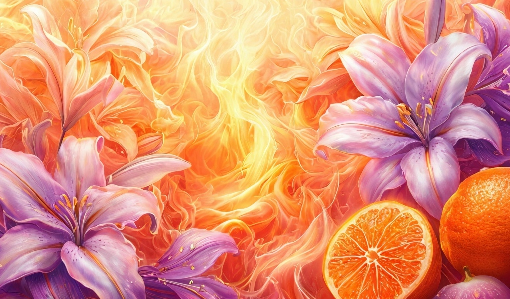 Лилии и апельсины на ярком огненном фоне