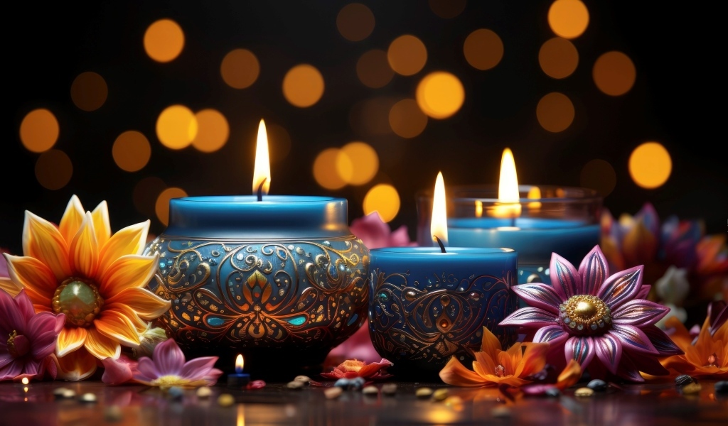 Зажженные красивые свечи с цветами на столе