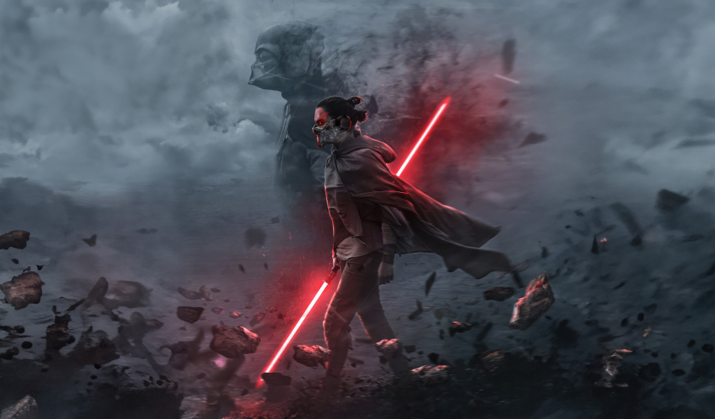 Мужчина воин с красным лазерным мечом