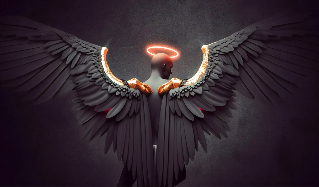 Мужчина с большими крыльями ангела на сером фоне