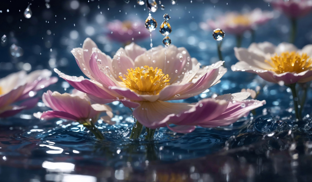 Розовые фантастические цветы в воде под дождем