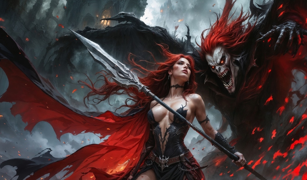 Рыжеволосая девушка с копьем с монстром