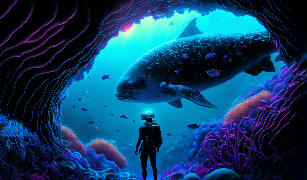 Аквалангист на морском дне с большой рыбой
