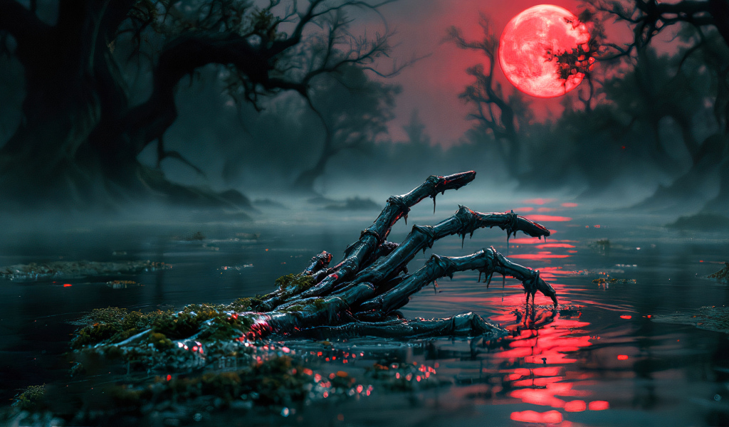 Рука скелета в воде на фоне красной луны