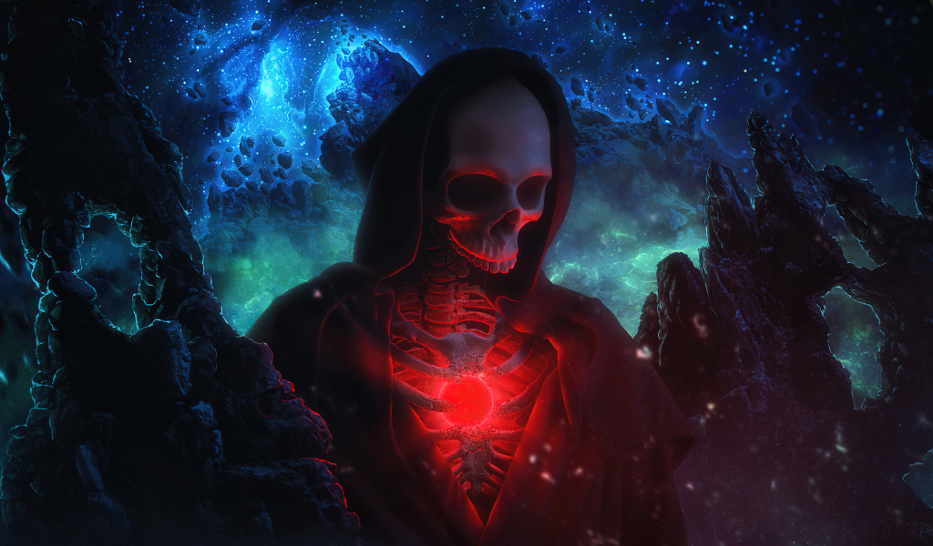 Скелет в черном плаще на фоне космического неба