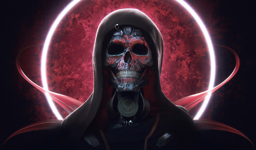 Скелет в плаще на фоне красного круга