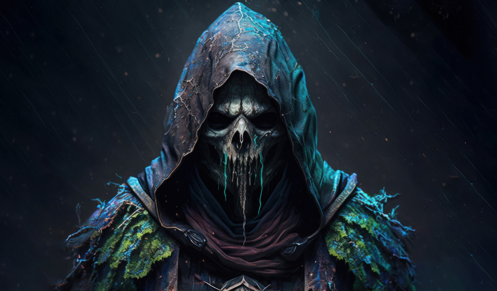 Скелет в плаще с капюшоном на черном фоне