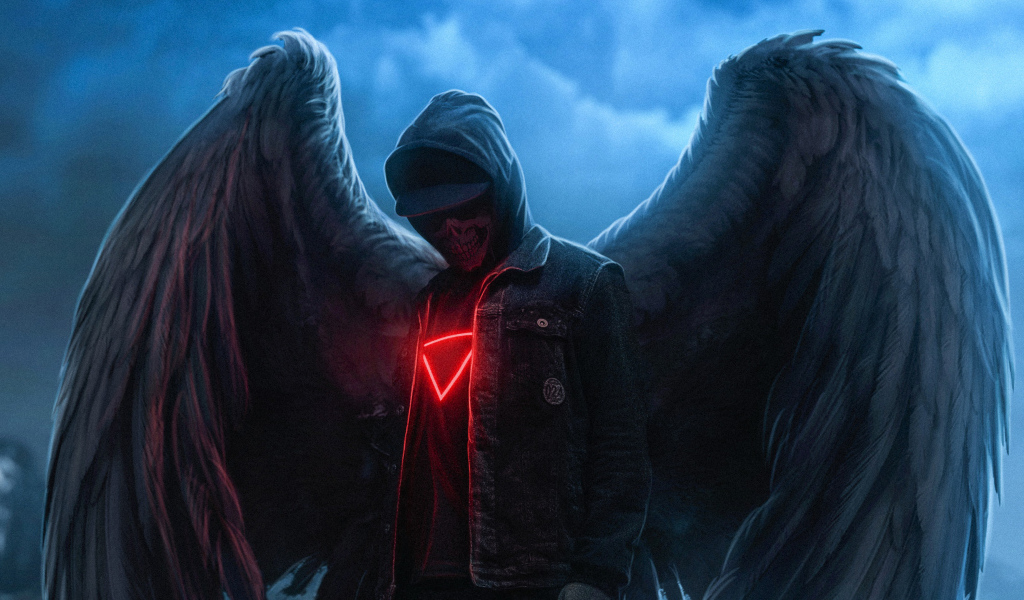 Скелет в куртке с большими крыльями ангела