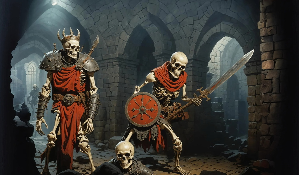 Скелеты в доспехах с оружием в руках в старинном замке