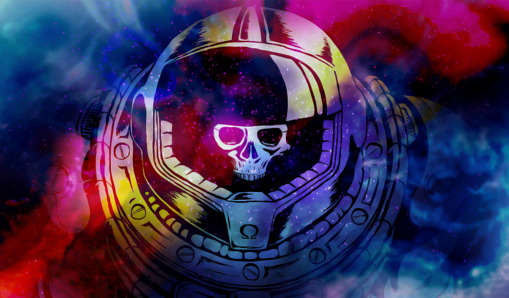 Череп в скафандре на разноцветном абстрактном фоне
