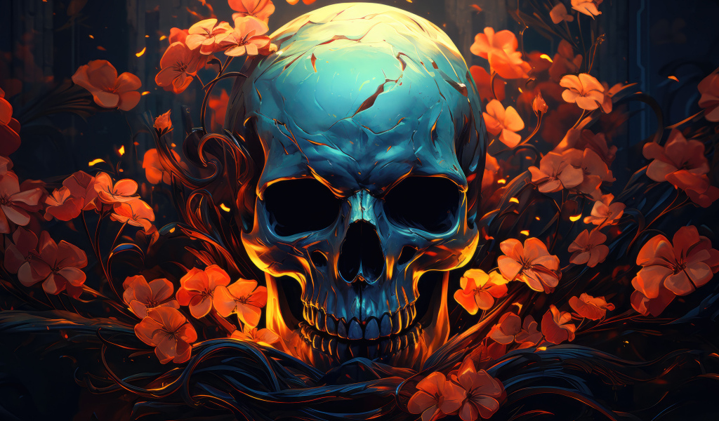 Череп с цветами крупным планом
