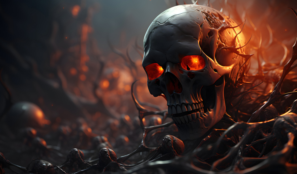 Череп со светящимися глазами на земле