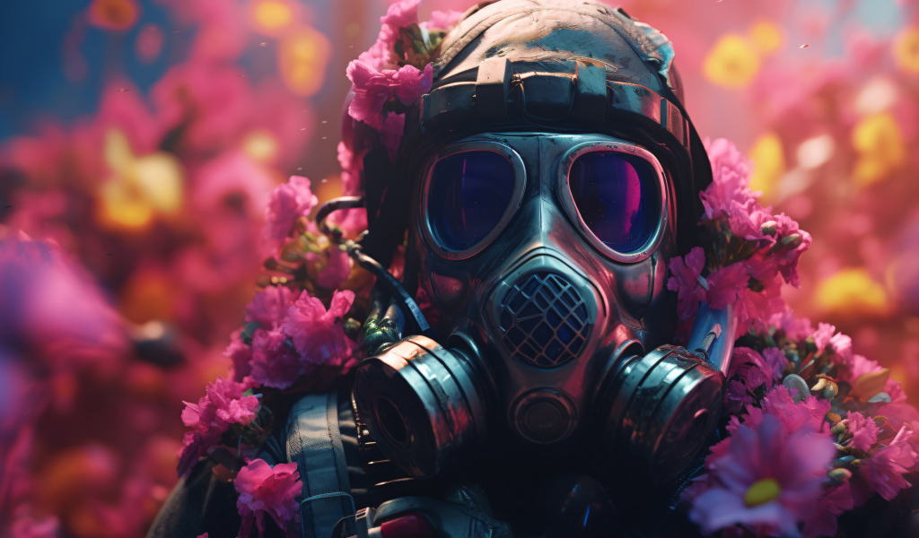 Солдат в противогазе в цветах