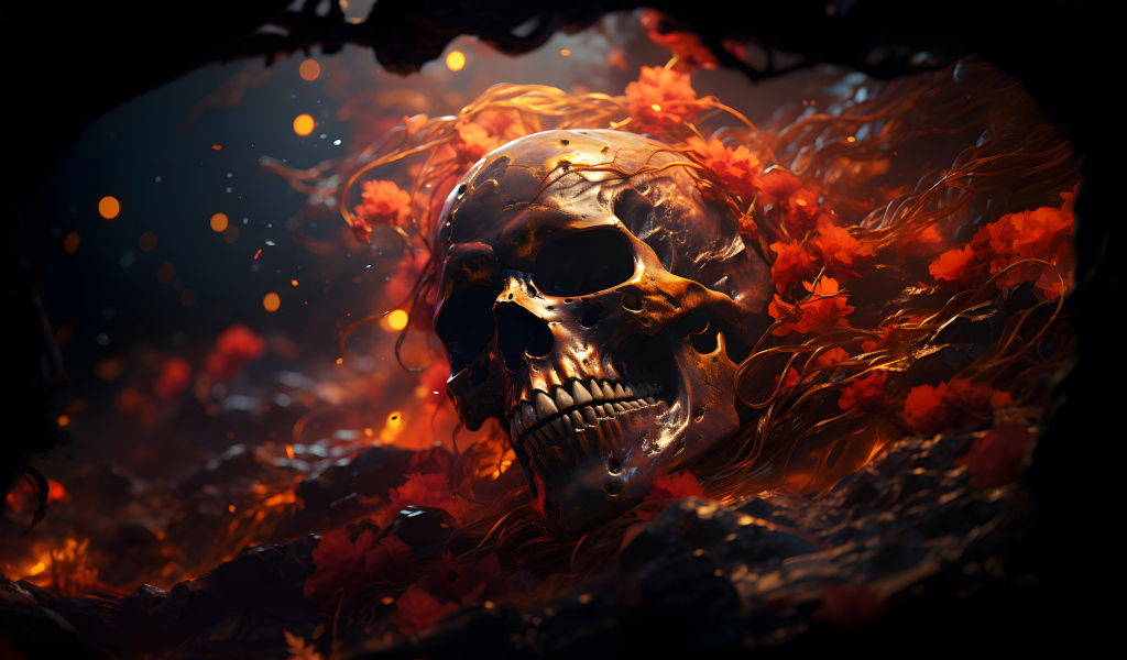 Череп зарастает лианами на земле