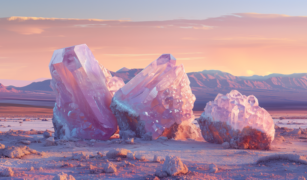 Большие розовые минералы на песке