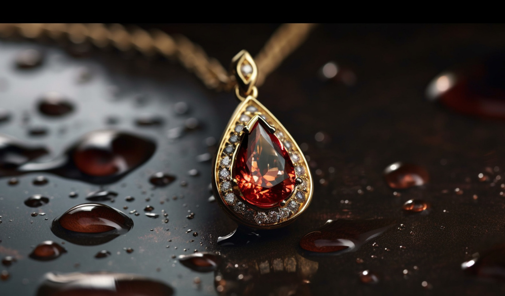 Кулон с красным камнем на мокрой поверхности 