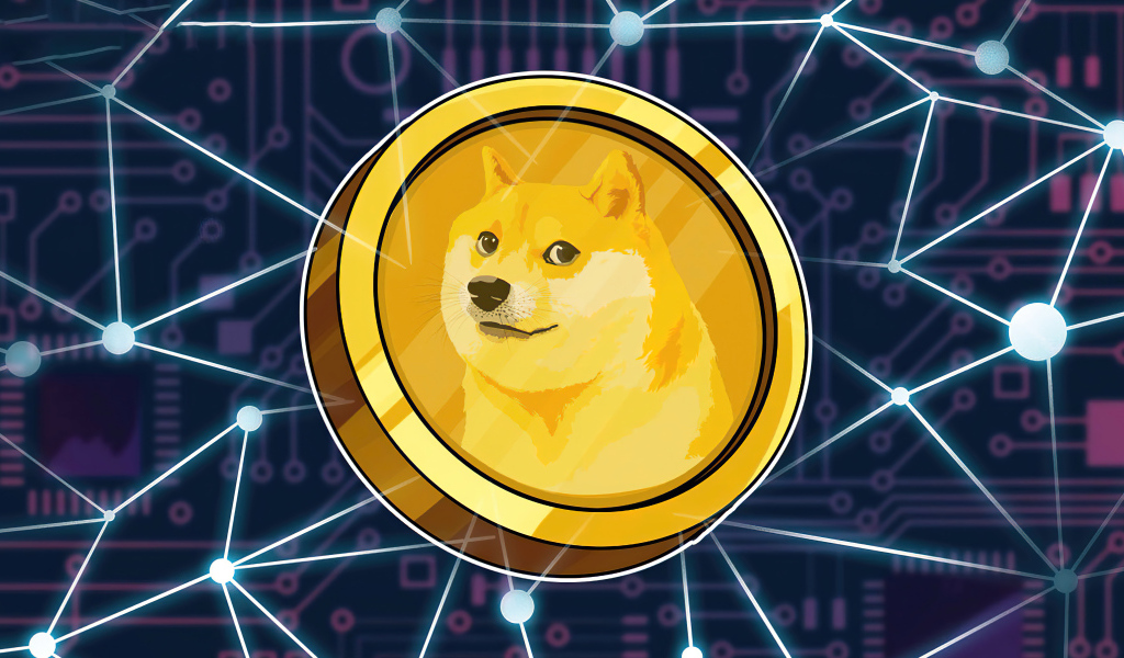 Монета dogecoin на фоне с  сеткой