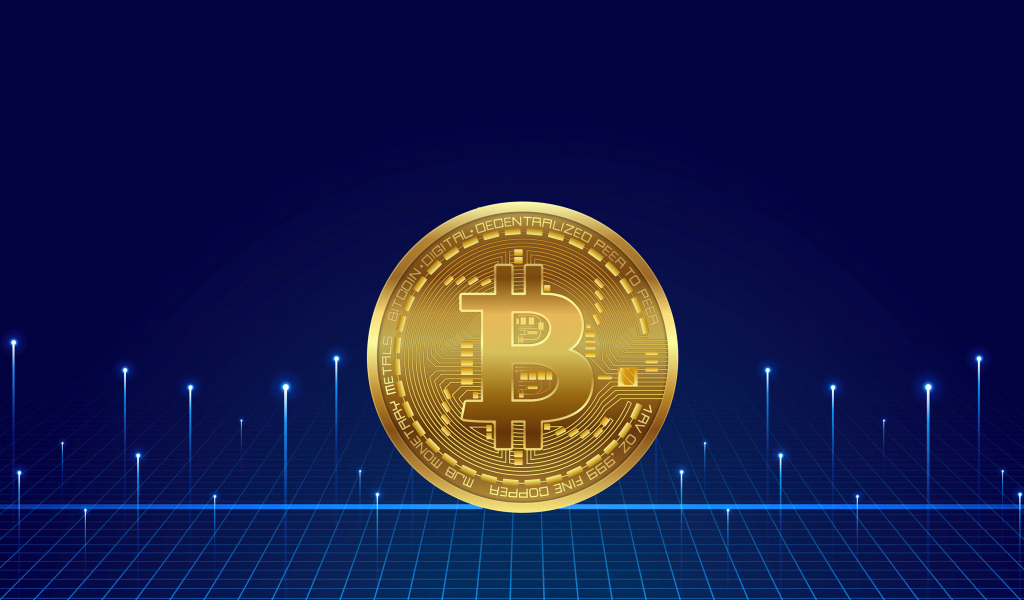 Золотая монета биткоин на синем фоне с неоновыми  лучами