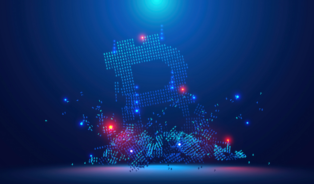 Значок биткоин разрушается на числовой код на синем фоне