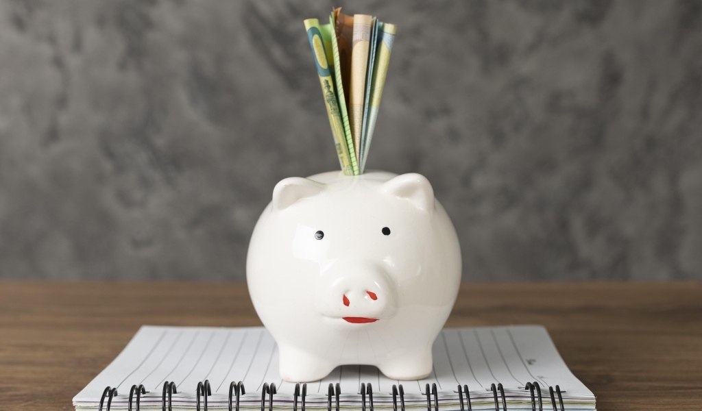 Свинья копилка с купюрами на столе с блокнотом