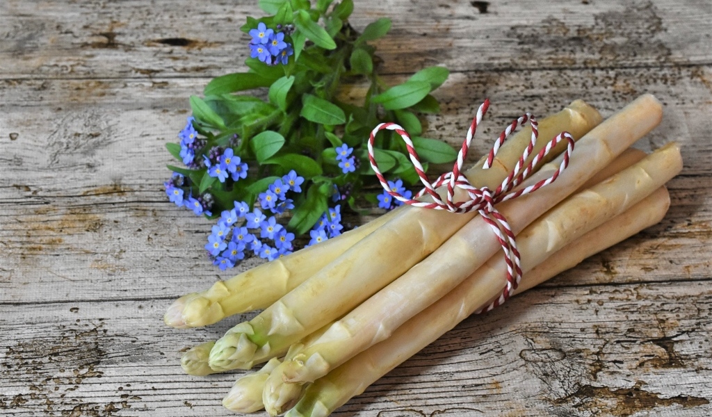 Спаржа на столе с цветами незабудки