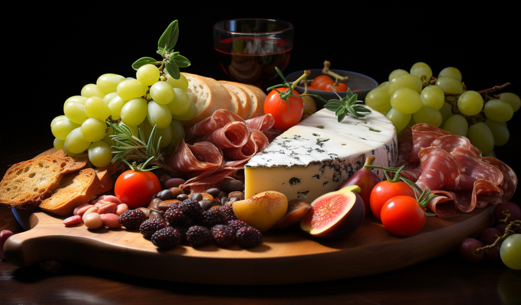 Вкусный сыр с колбасой и виноградом