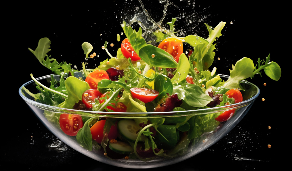 Свежий салат в стеклянной тарелке на черном фоне