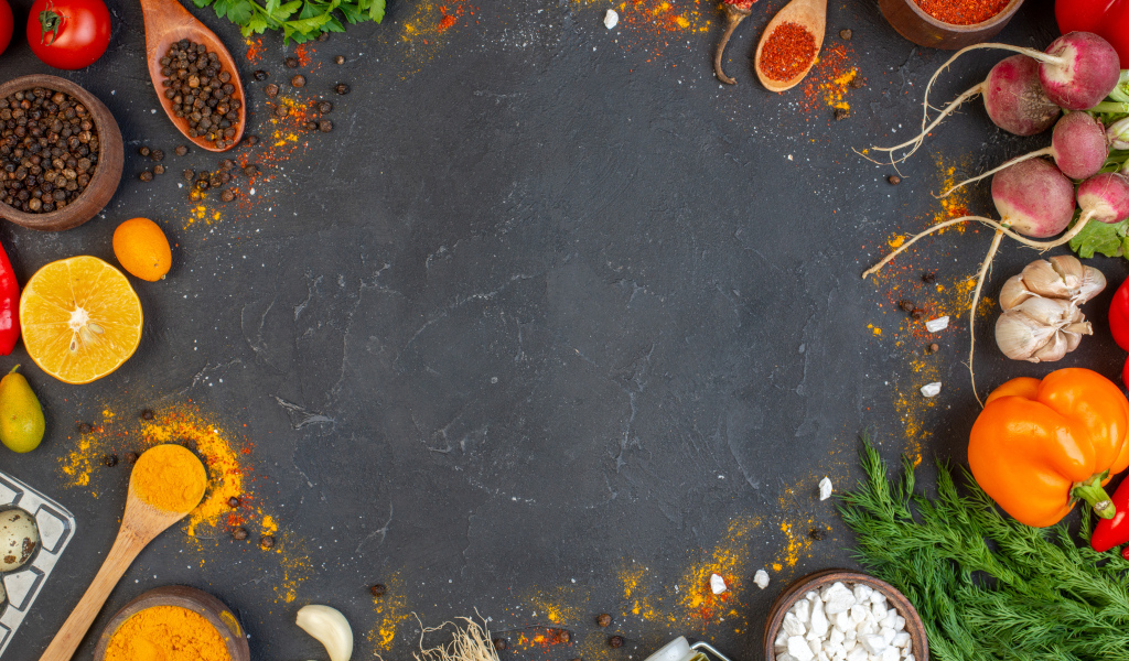 Серый фон с овощами и фруктами, шаблон