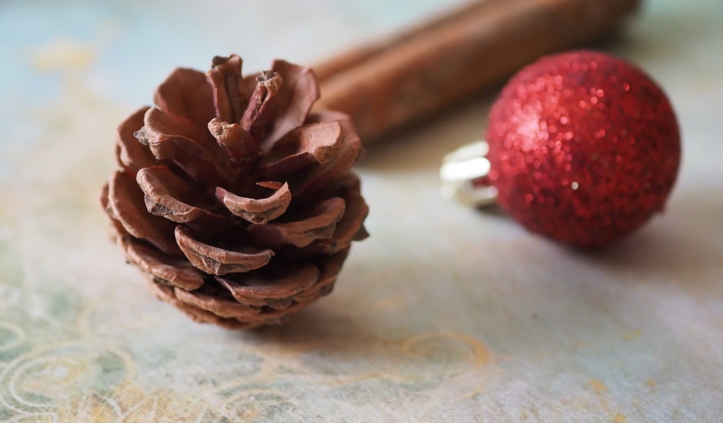 Шишка, шарик и корица на столе