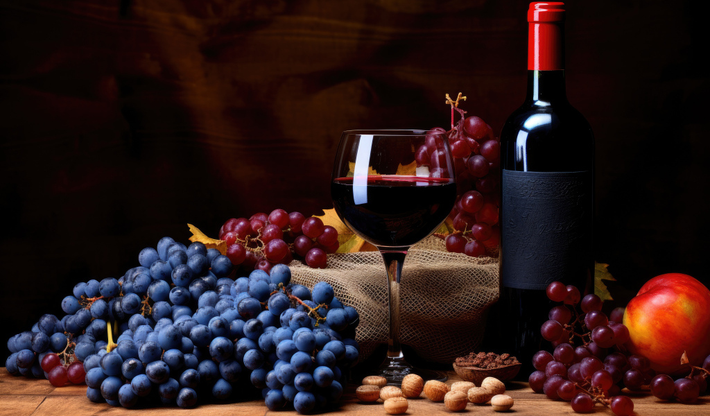 Синий и розовый виноград на столе с вином 