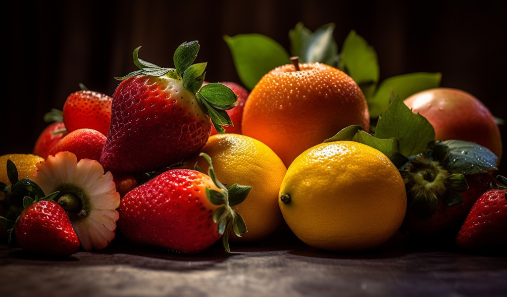 Вкусные спелые цитрусовые фрукты и ягоды клубники