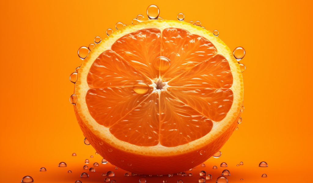 Половинка апельсина в каплях воды на оранжевом фоне