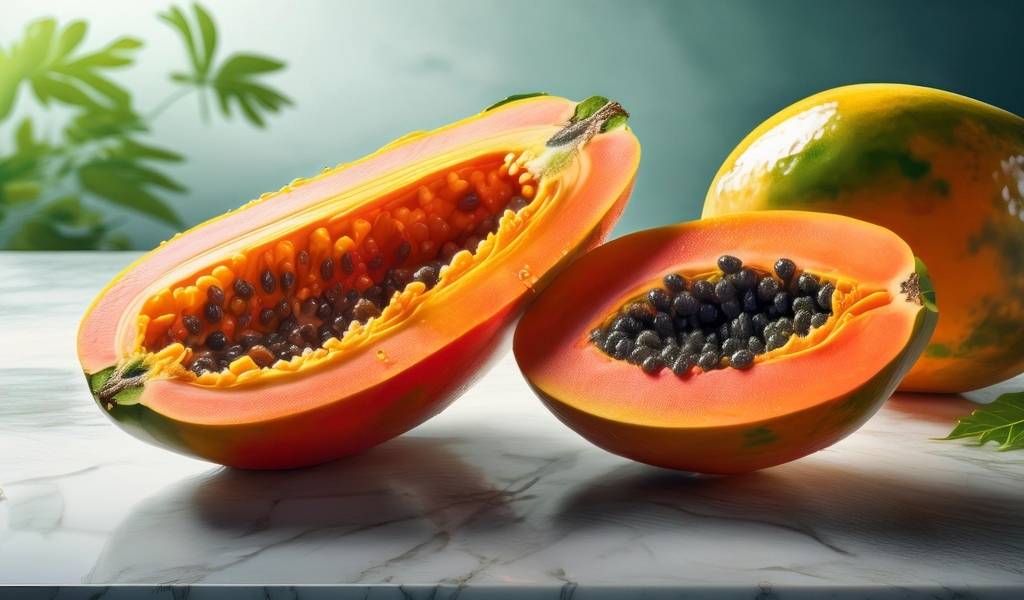 Папайя с черными зернами на столе