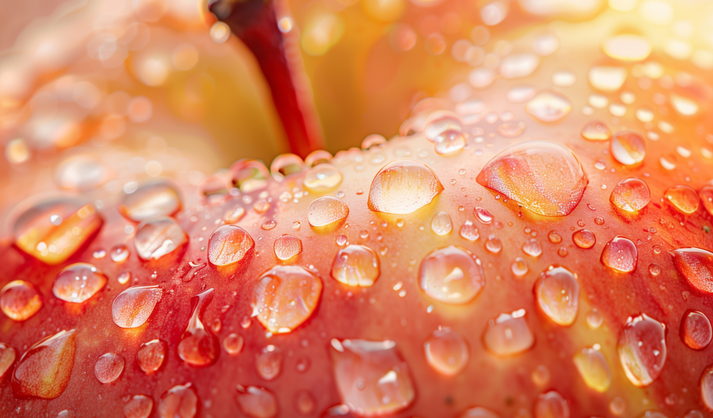 Розовое яблоко в каплях воды