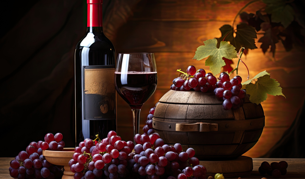 Розовый виноград на столе с вином